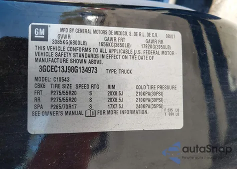 2008 Chevrolet Silverado 1500 Lt2 from USA, damaged, VIN 3GCEC13J98G134973